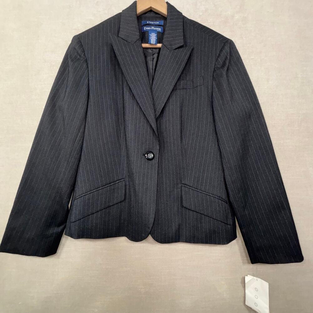 Evan Picone Blazer 14P Black Aqua Pinstripe Classic Career Minimalist Soft NWT‎